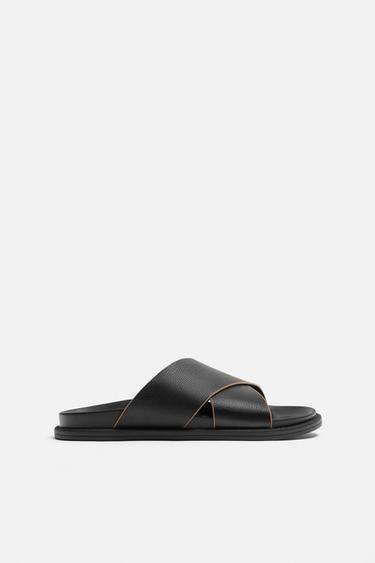 Zara CROSS STRAP LEATHER SANDALS - Black