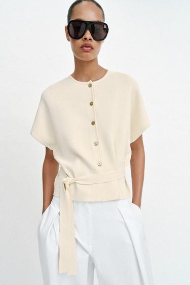 Zara KNIT CARDIGAN WITH BELT - Ecru