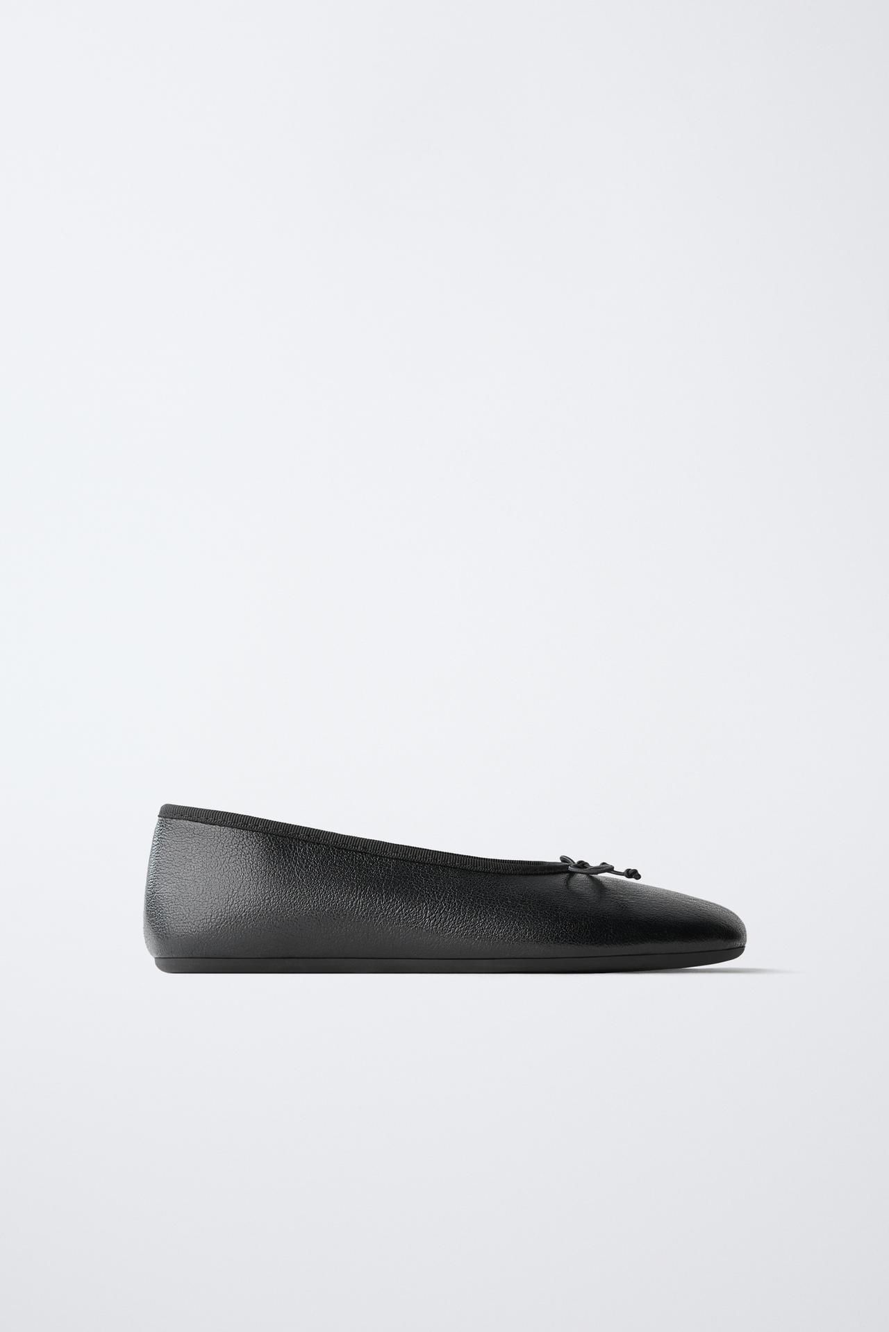 LEATHER BOW BALLET FLATS — Black