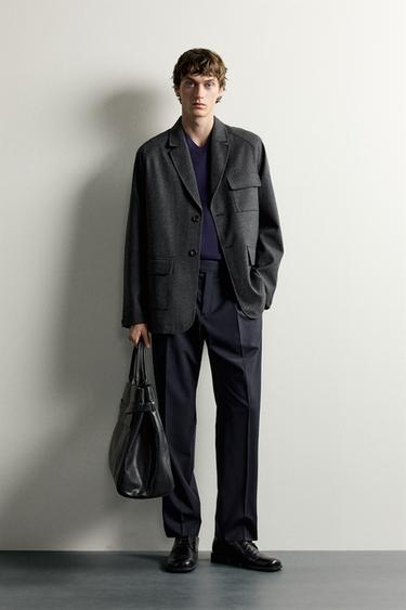 WOOL BLEND BELTED REGULAR FIT TROUSERS - Navy blue by Zara - Image 0
