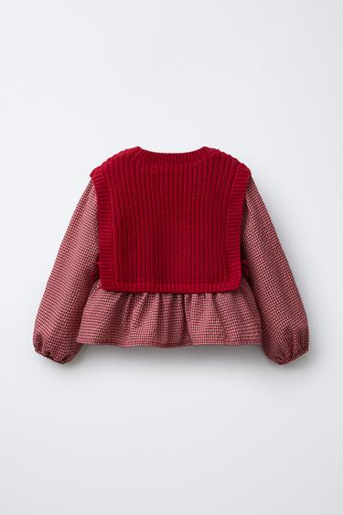GILET EN MAILLE AVEC LAINE ET CHEMISE BRODÉE - Rouge foncé de Zara - Image 1