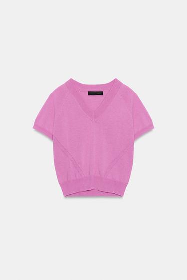 TOP MANGA CORTA PUNTO CUELLO PICO - Rosa / Lila de Zara
