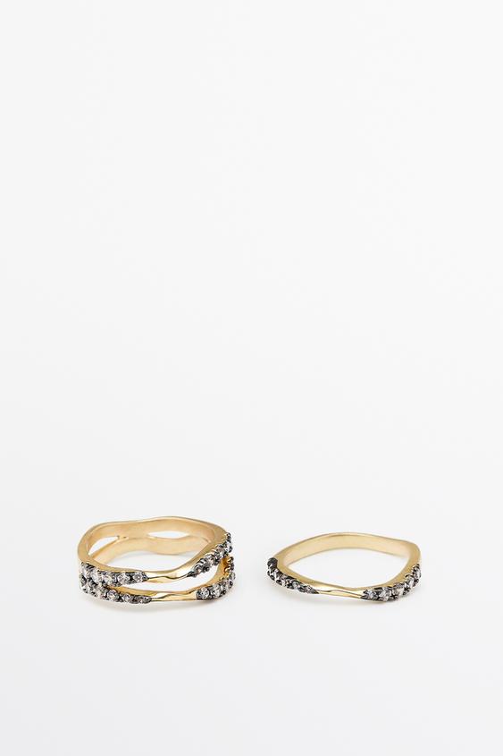 Zara Pack of metal rings with rhinestones - Golden - Image 0