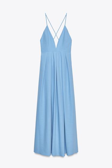 Zara ZW COLLECTION綁帶長版洋裝 - 天藍色