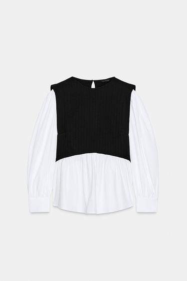 Zara COMBINATION POPLIN BLOUSE - Black
