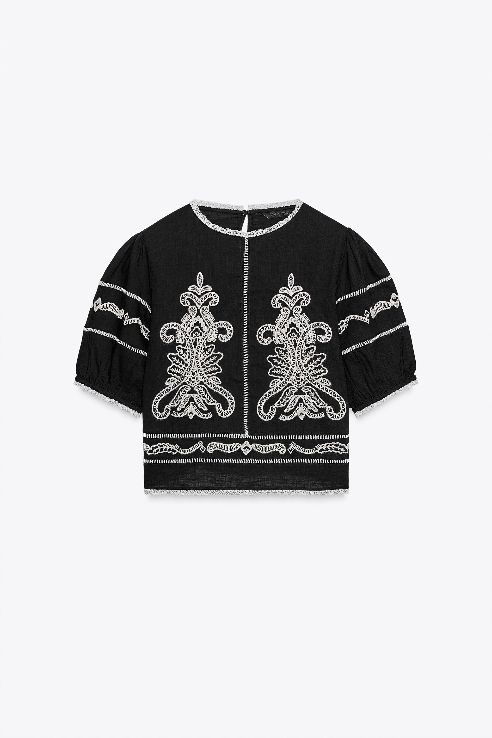 ZW COLLECTION CONTRAST EMBROIDERY BLOUSE - Black | ZARA