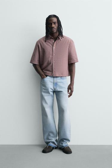 Zara PLAID CROPPED FIT SHIRT - Dark red
