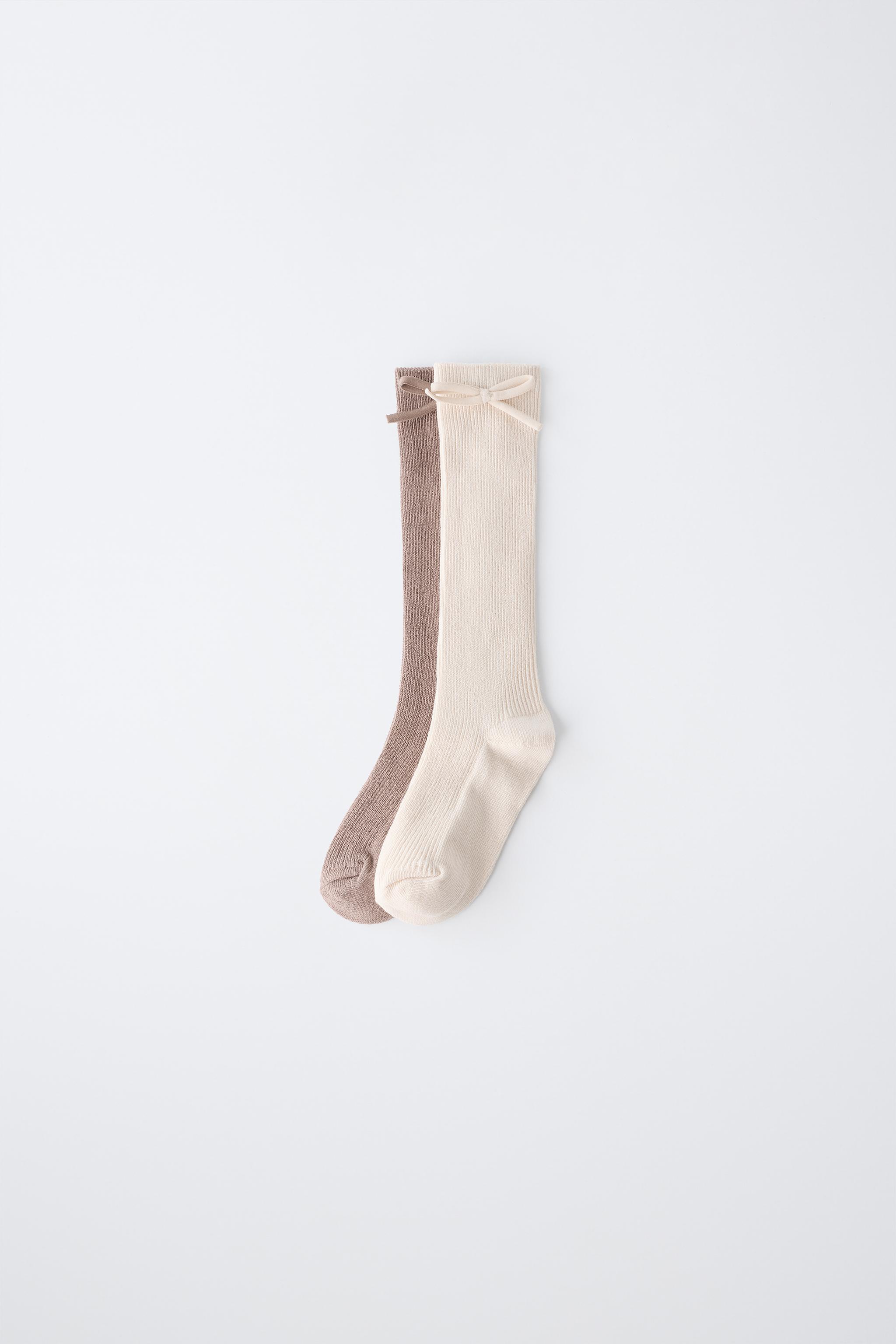 TWO-PACK BOW LONG SOCKS — Light beige