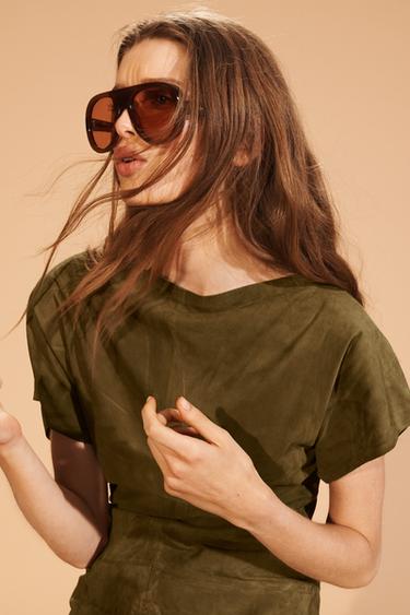 LIMITED EDITION DRAPED SUEDE LEATHER DRESS - Olive green by Zara