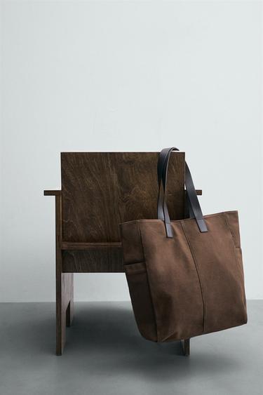 SAC SHOPPER EN TISSU ET CUIR - Marron de Zara