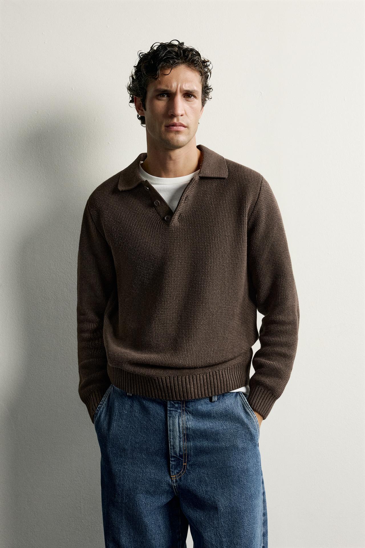 COTTON TEXTURED KNIT POLO — Brown