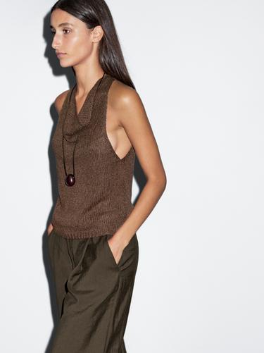 Zara Linen blend knit halter top - Brown marl