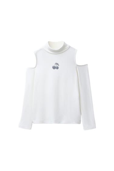 Front view of a raw t-shirt with a roll neck, long sleeves, and cold shoulders. Cherry print on the chest.