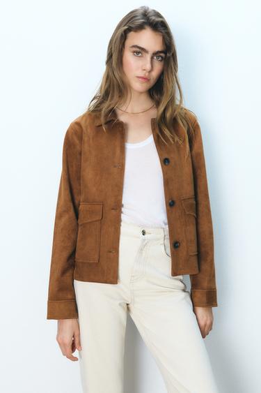 Zara FAUX SUEDE POCKET JACKET - Tobacco Brown