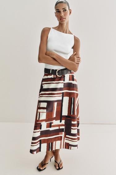 Jupe Midi Zara Femme Imprimé Palmier Taille S - Neuf Avec étiquettes, Style Flare