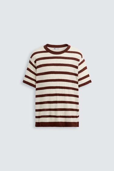 Zara STRIPED JACQUARD KNIT T-SHIRT - Burgundy