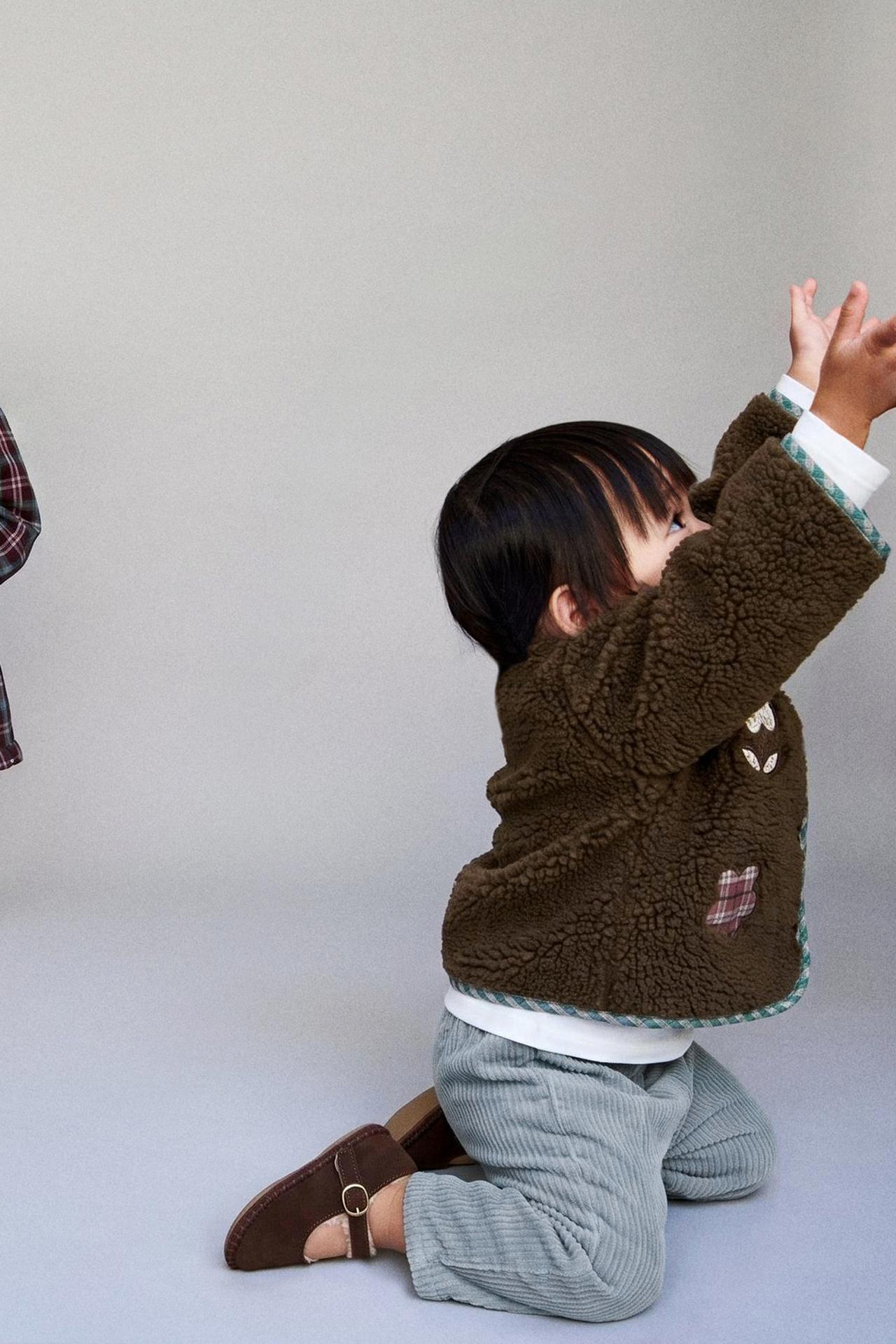 FAUX SHEARLING JACKET WITH FLORAL PATCHES — Brown