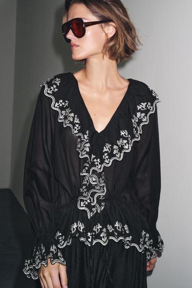 بلوزة بتطريزات وفريلز ZW COLLECTION - أسود الخاص بـ Zara