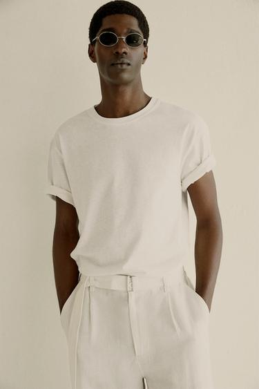 RELAXED FIT COTTON - LINEN T-SHIRT - White by Zara