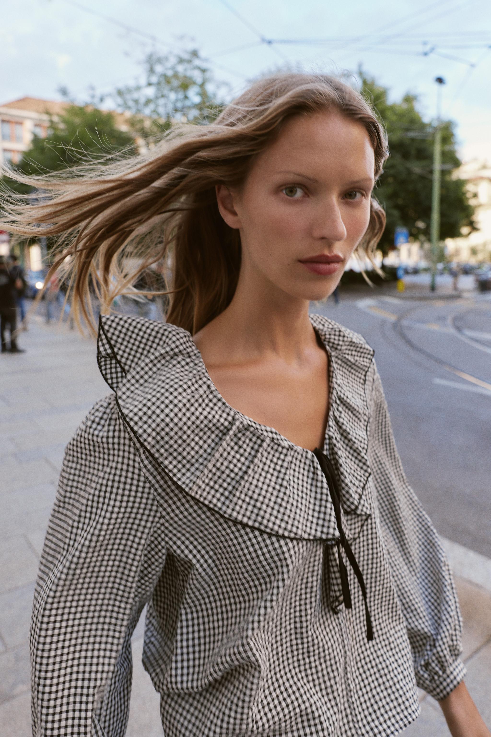 Shop Zara RUFFLED GINGHAM BLOUSE at Beverly Center in Los Angeles, CA