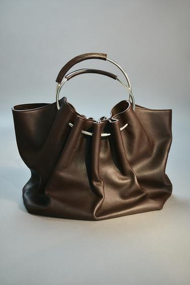 RIGID STRAP LEATHER BUCKET BAG - Brown by Zara