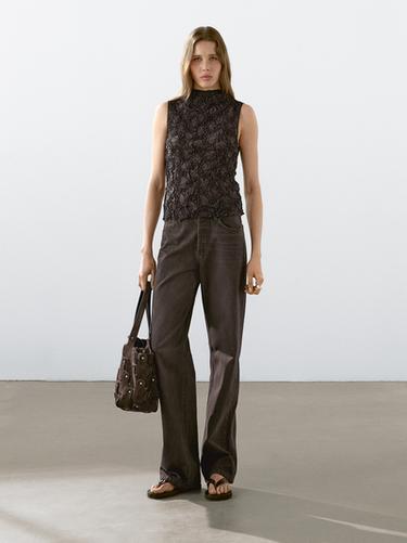 Zara Creased-effect funnel neck top - Chocolate