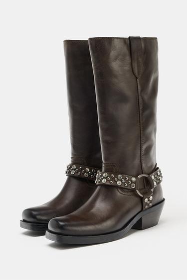 FLAT LEATHER BOOTS WITH APPLIQUÉS - Brown by Zara - Image 3