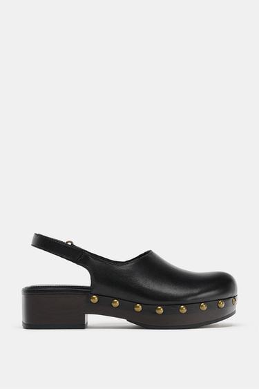 Zara LEATHER STUDDED CLOGS - Black