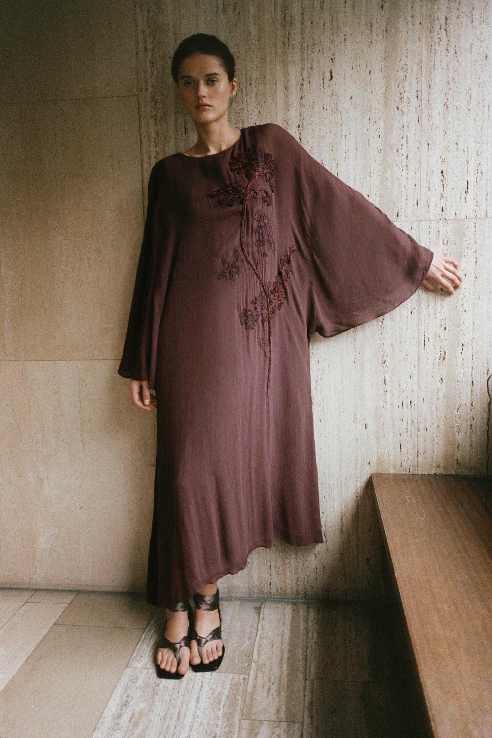 Zara - 100% Viscose Embroidered Beaded Dress - Brown - S - Woman Zara - 100% Viscose Embroidered Beaded Dress - Brown - S - Woman