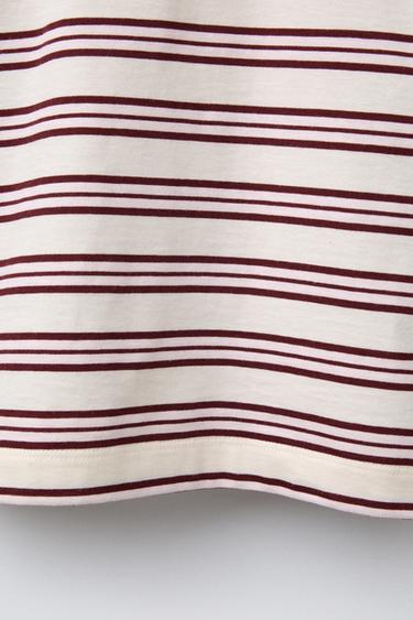 TIMELESZ - STRIPE T-SHIRT WITH CONTRAST TRIM - Ecru / Maroon by Zara - Image 3