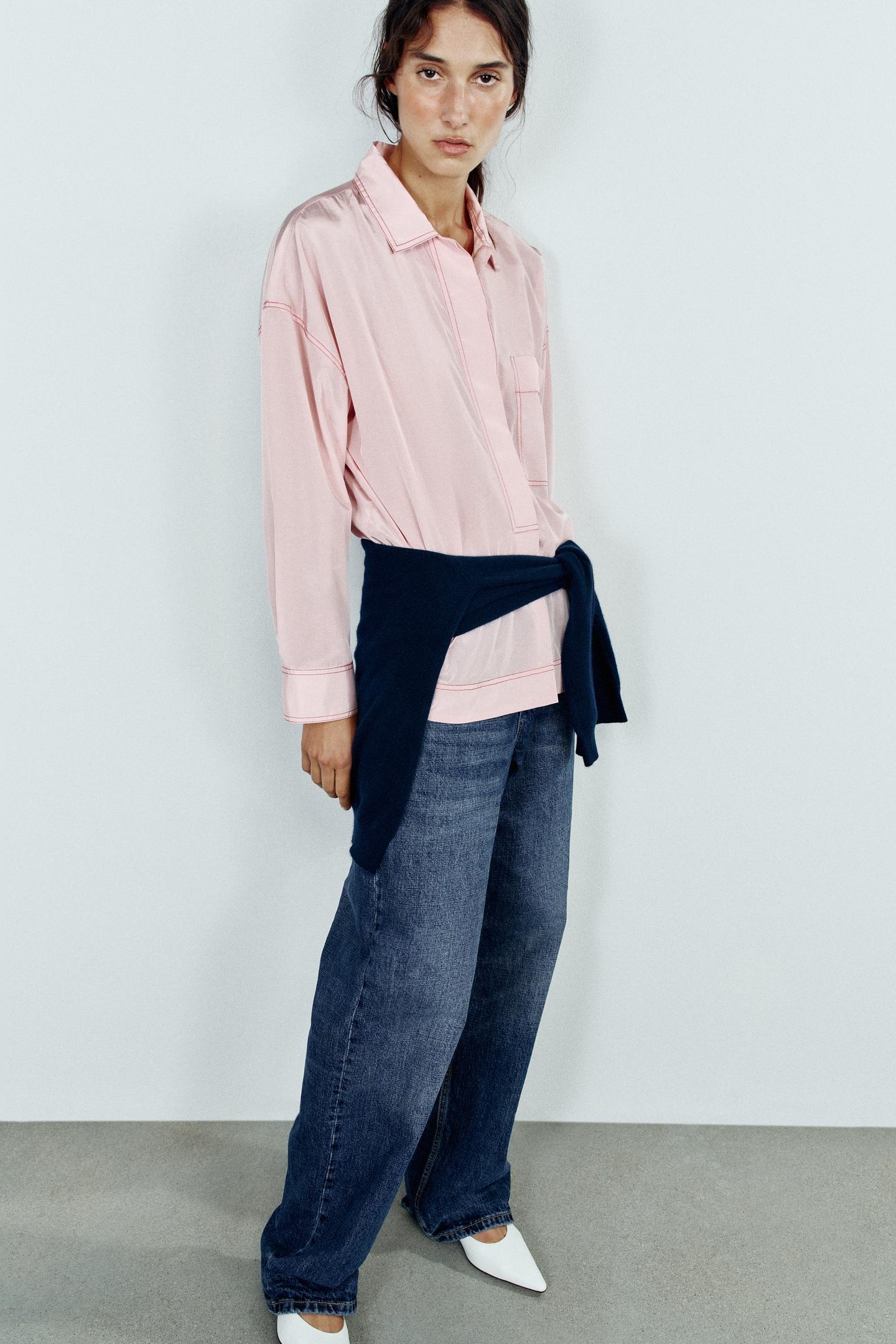 Женская рубашка Zara Contrast Topstitch, цвет: Розовый