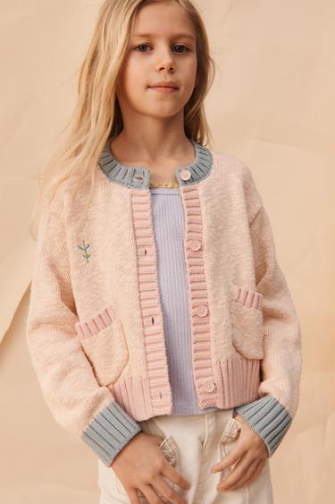 Zara COLOR BLOCK EMBROIDERED FLOWER CARDIGAN LIMITED EDITION - Dark tangerine