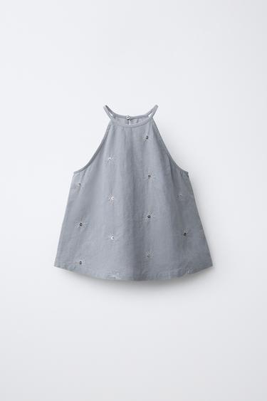 TOP HALTER PAILLETTES COTON ET LIN - Gris / Bleu de Zara