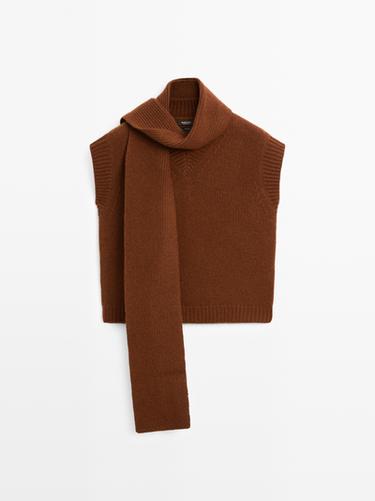 Zara V-neck knit vest with scarf - Mink marl