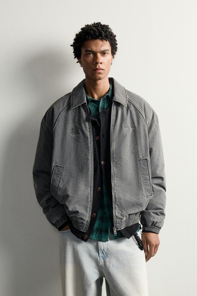 Quilted Washed Embroidered Jacket — Light gray