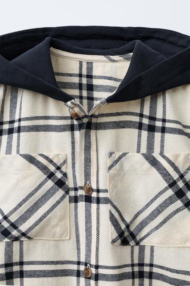 CHECK HOODED SHIRT WITH FLEECE - Ecru / Black by Zara - Image 2