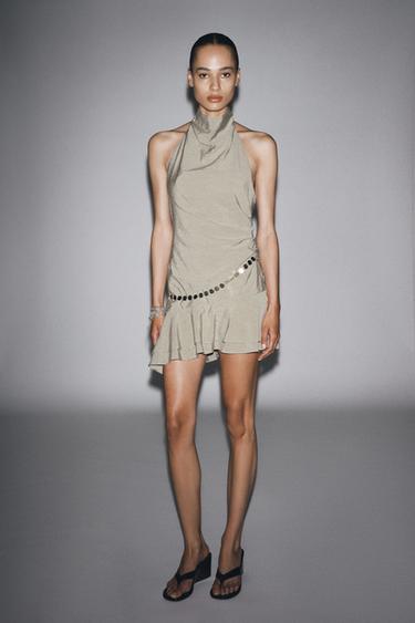 STRIPED HALTER NECK SHORT DRESS WITH BELT - Beige-brown by Zara - Image 0