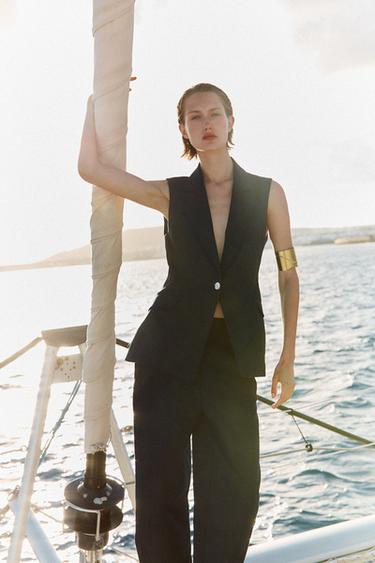 Zara LINEN LONG VEST - Navy blue