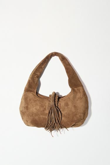 Zara FRINGED SPLIT LEATHER SHOULDER BAG - Chocolate