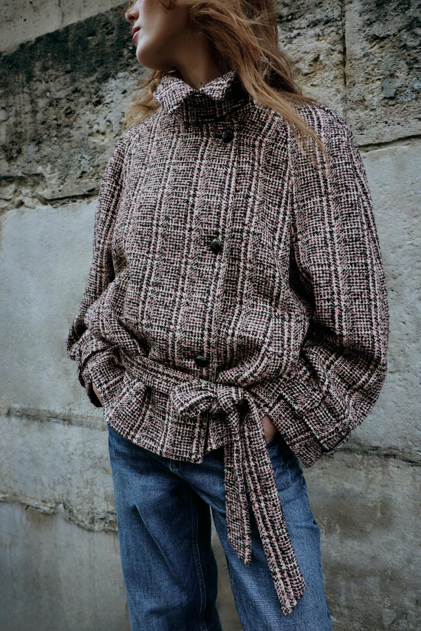Женская куртка Zara Structured Jacket with Belt, цвет: Розовый / Белый — фото 2
