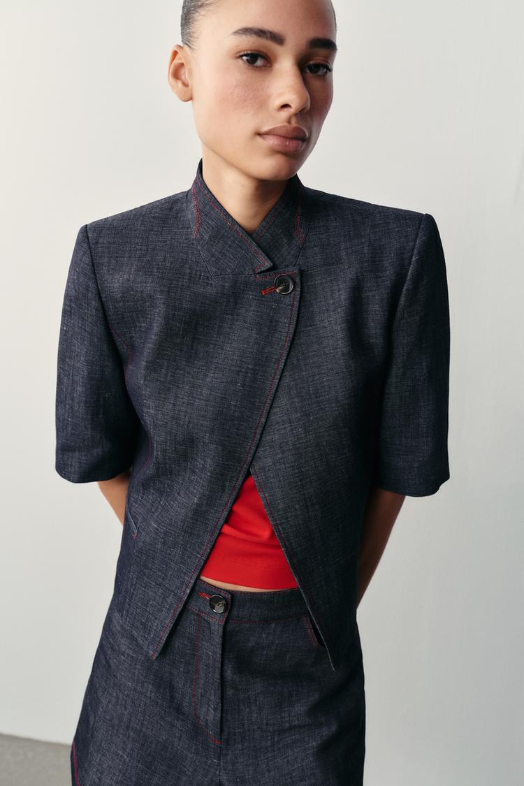 LINEN SHORT SLEEVE BLAZER WITH CONTRAST TOPSTITCHING — Indigo