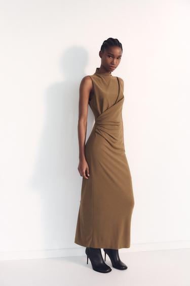 Zara DRAPED MIDI DRESS - Tobacco - Image 0