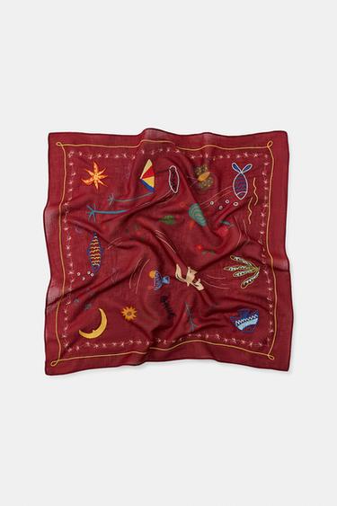 LENÇO BANDANA ESTAMPADO BORDADOS - Telha da Zara