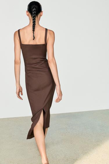 Vestido midi tirantes mezcla algodón - Marrón de Zara
