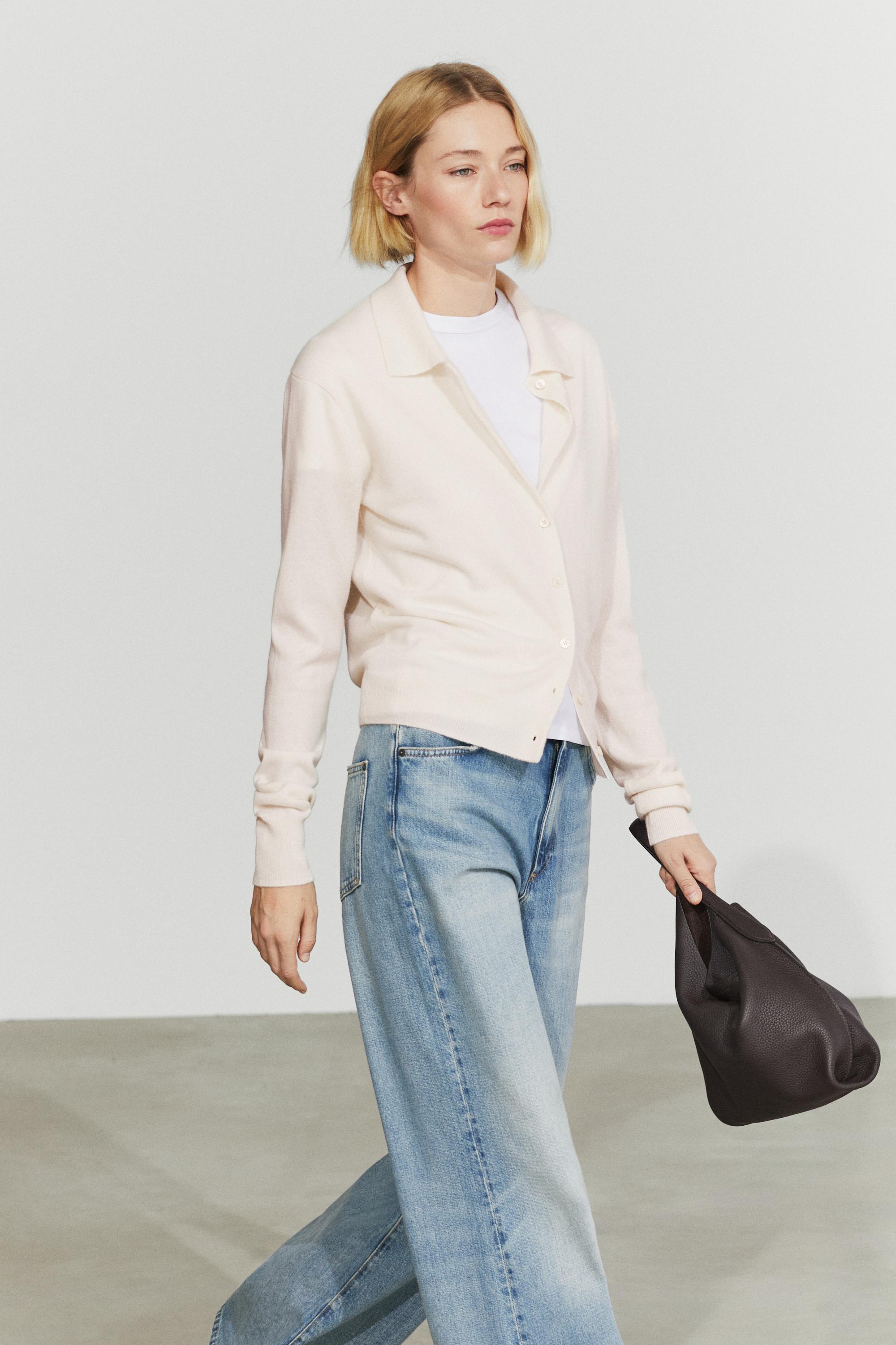 100% cashmere knit polo collar cardigan — Ecru