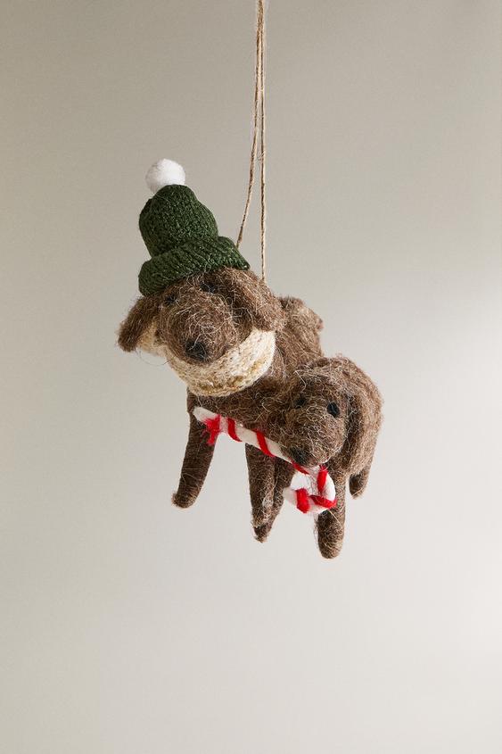 WOOL DOG WITH CANDY CANE CHRISTMAS TREE DECORATION Brown ZARA