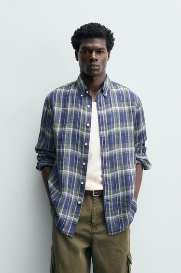 100% LINEN CHECKED SHIRT - Blues by Zara