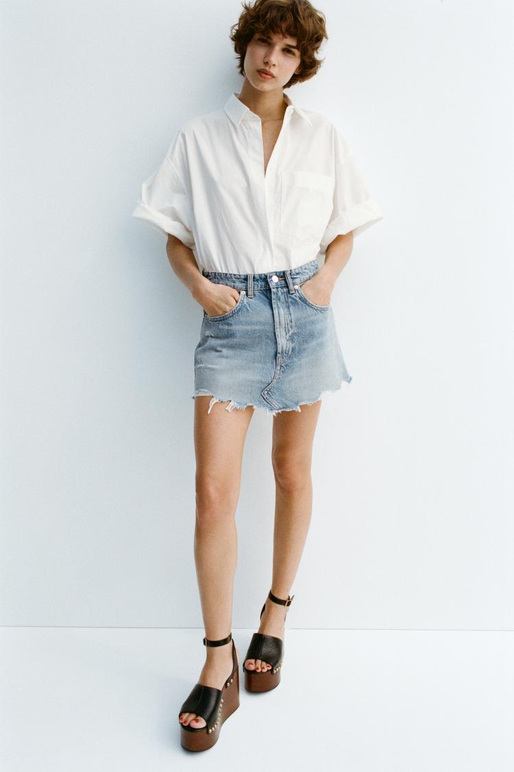 Short Skirt Dark Ripped Jean Skirt TRF DENIM RIPPED MINI SKIRT