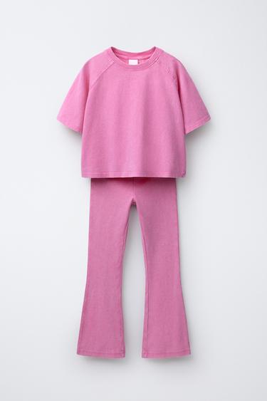 KOSTUM BLUZË HEAVY WEIGHT DHE STREÇE FLARE RIB ME EFEKT TË LARË - Rozë fluoreshente nga Zara