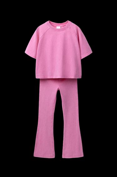 HEAVY WEIGHT T-SHIRT AND WASHED-EFFECT RIBBED FLARE LEGGINGS SET - Neon pink by Zara - Image 0